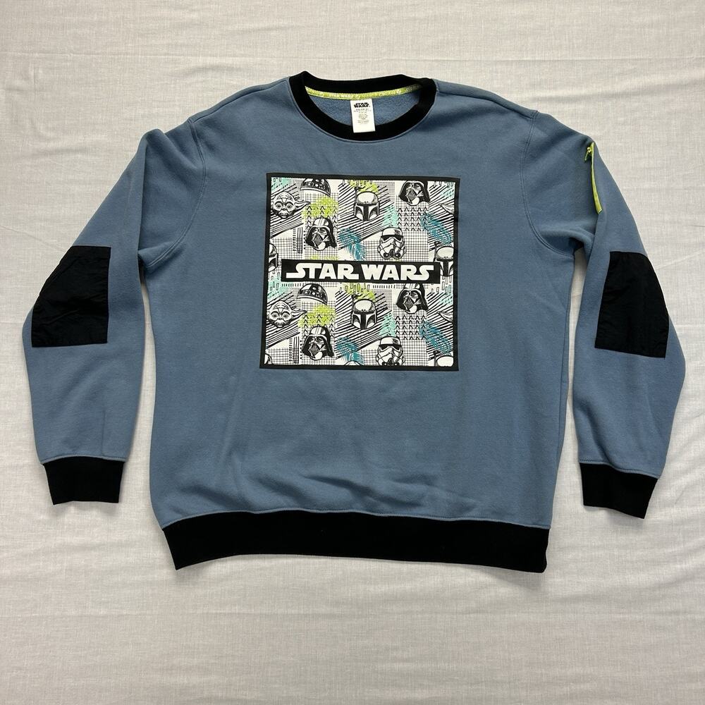 Disney Parks Star Wars Graphic Sweatshirt Mens Large Elbow Patches Blue Pullover